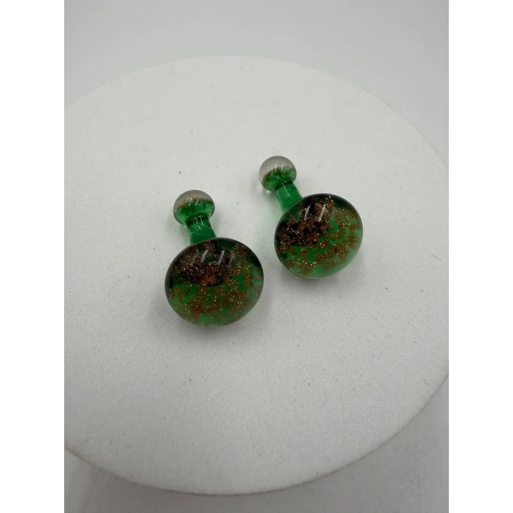 Vintage Green Art Glass Aventurine Gold Fleck Barbell Cufflinks Studs Mens
